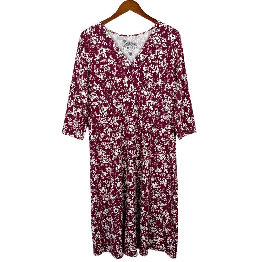 Sahalie Midi Dress 3/4 Sleeve Stretchy Jersey Knit Red Floral Women's XL